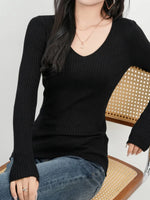 Ribbed V-Neck Long Sleeve Sweater