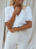 Lace Trim V-Neck Button-Up Blouse