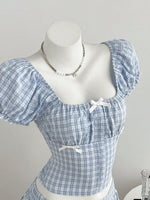 Plaid Puff Sleeve Blouse and Skirt Set