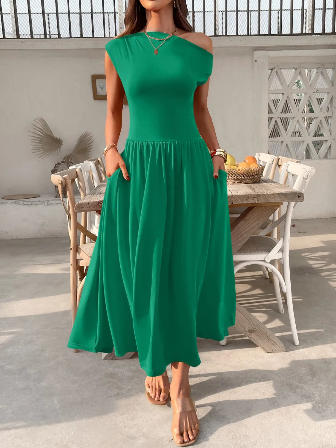 Single Shoulder Midi Dress with Pockets