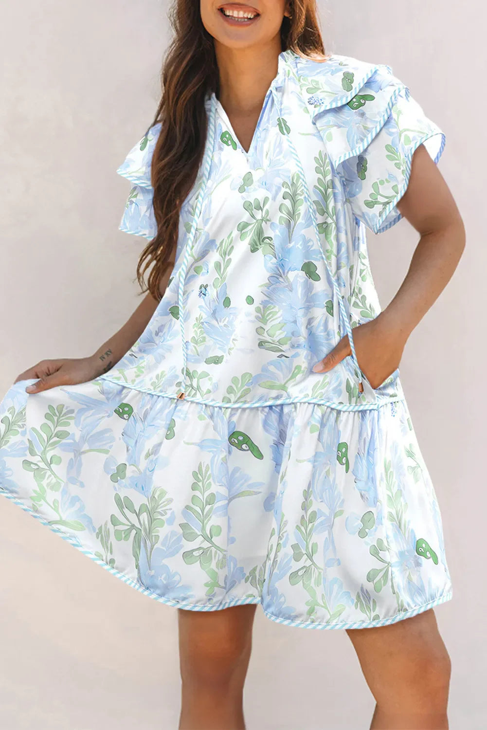 Floral Contrast Edge Layered Short Sleeve Mini Dress