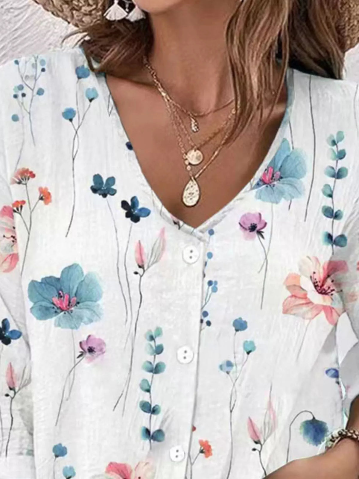 Floral Print V-Neck Button-Down Shirt
