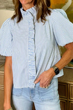 Striped Ruffle Short Bubble Sleeve Shirt