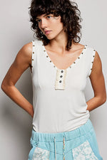 POL Studded Trim Button-Front Ruffle Detail Tank