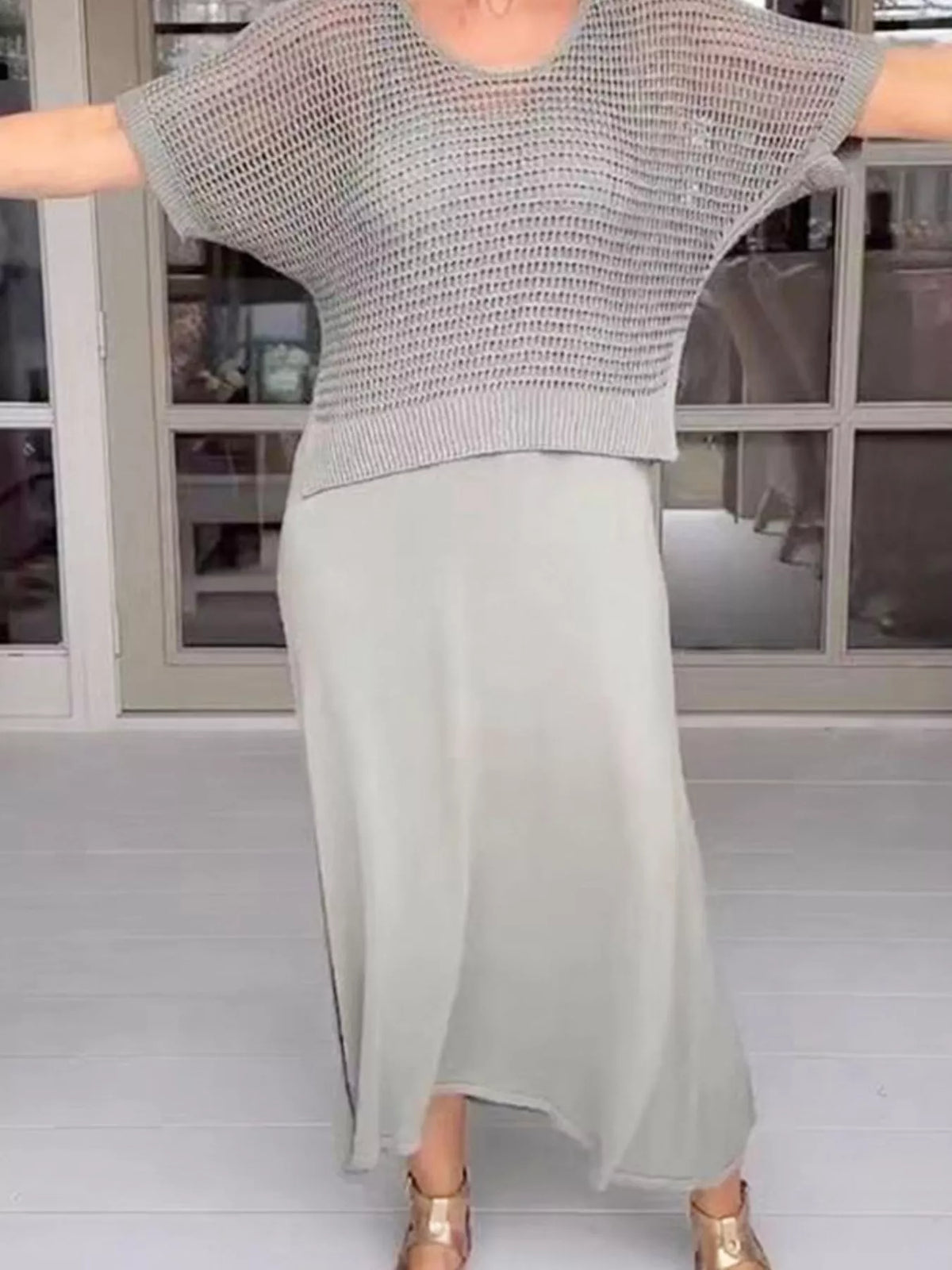 Full Size Openwork Knit Cover Up and Dress Set Plus Size