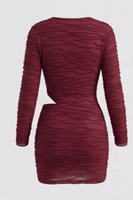 Ruched Cutout Cowl Neck Long Sleeve Mini Dress