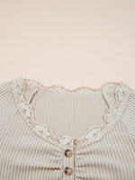 Lace Neckline Button Decor Lettuce Edge Long Sleeve Ribbed Top