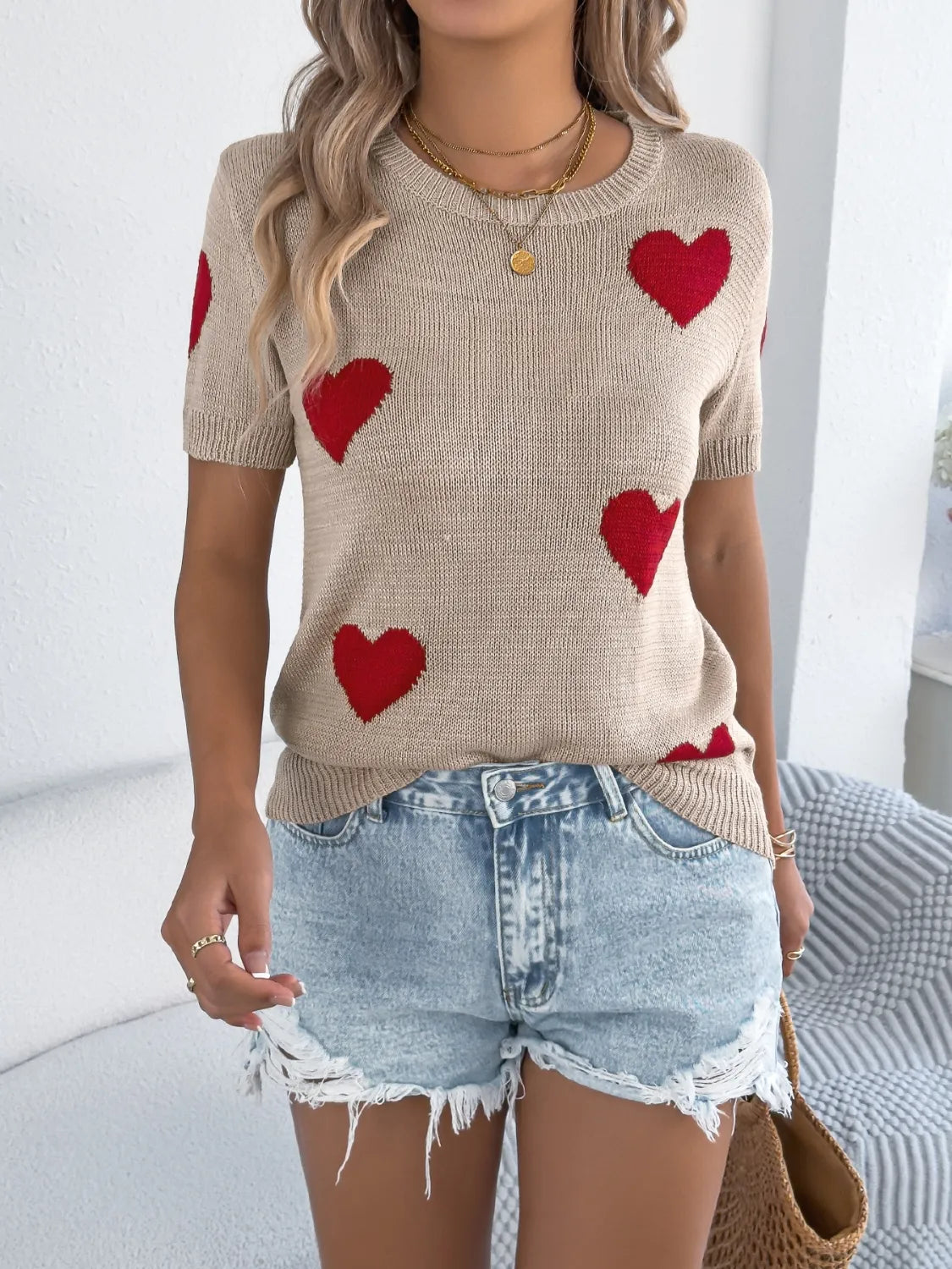 Heart Round Neck Short Sleeve Knit Top