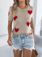 Heart Round Neck Short Sleeve Knit Top