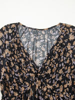 Floral Deep V Neck Smocked Bust Bubble Sleeve Babydoll Dress