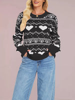 Heart & Bow Pattern Round Neck Sweater