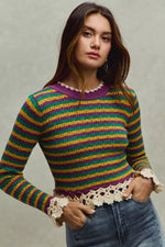 SO ME Mardi Gras Striped Cropped Knit Top with Crochet Edge