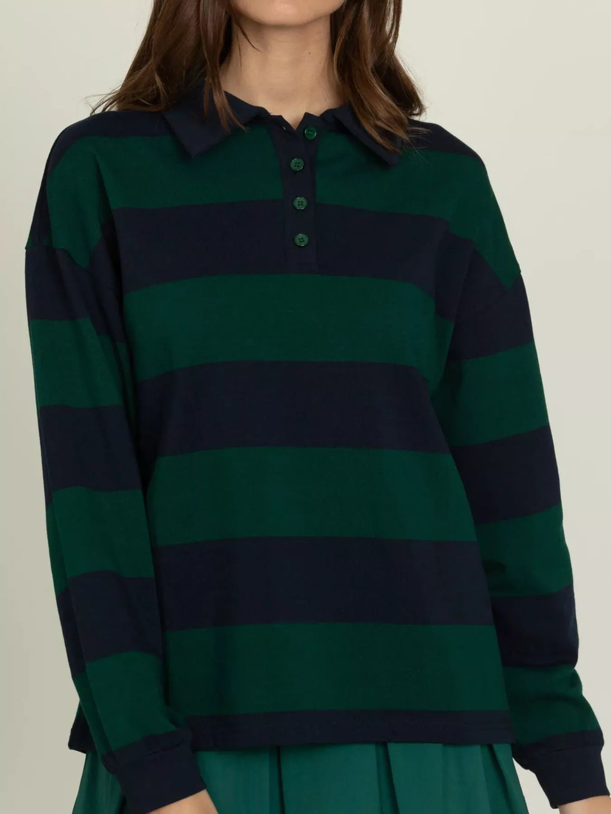 Striped Polo Collar Sweatshirt with Button Details