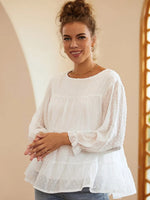 Swiss Dot Ruffled Round Neck Long Sleeve Blouse