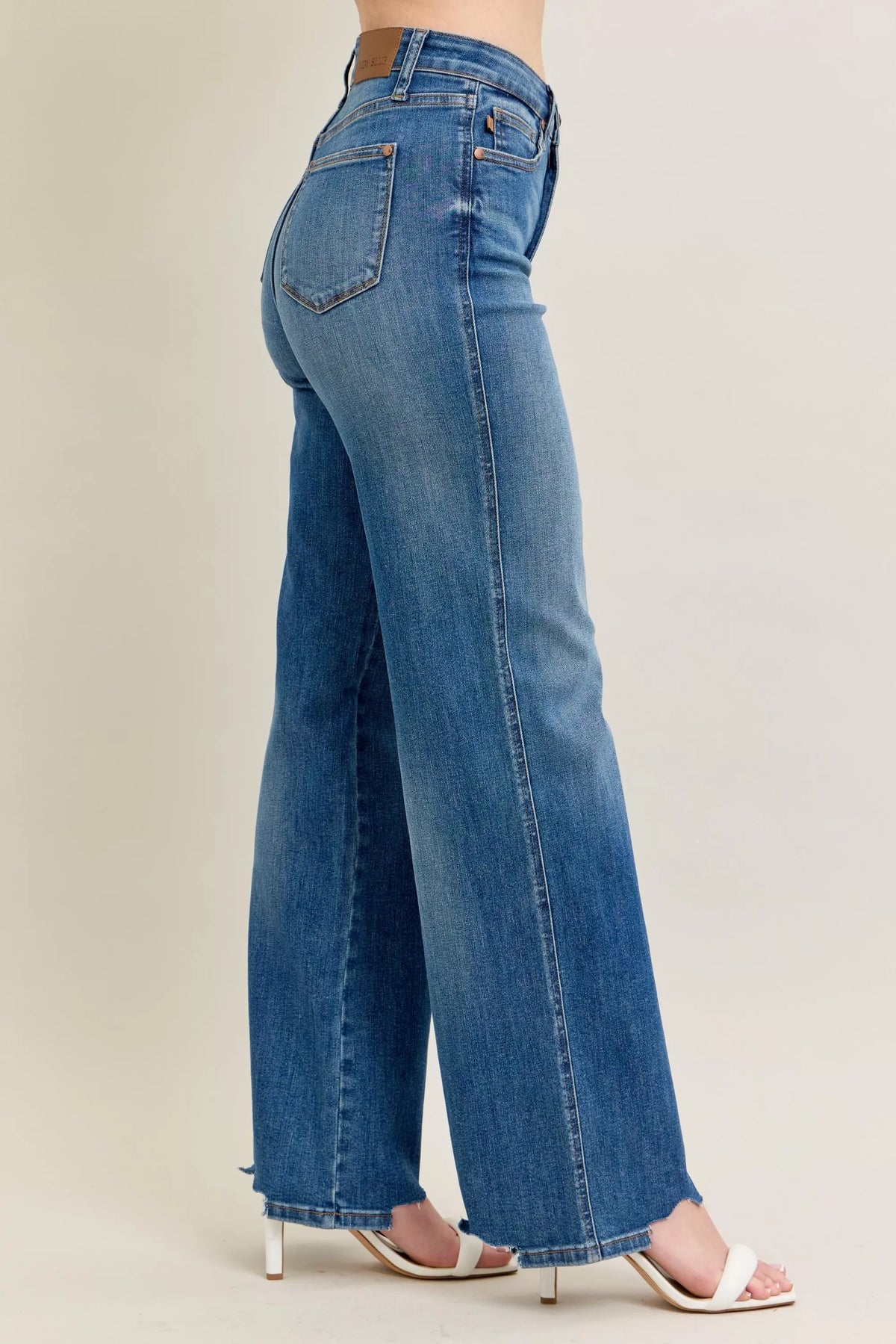 Judy Blue Full Size High Waist Tummy Control Chew Hem Destroy Wide Jeans Plus Size