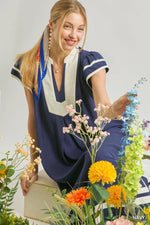 Umgee Linen Cotton Contrast Neckline Midi Dress