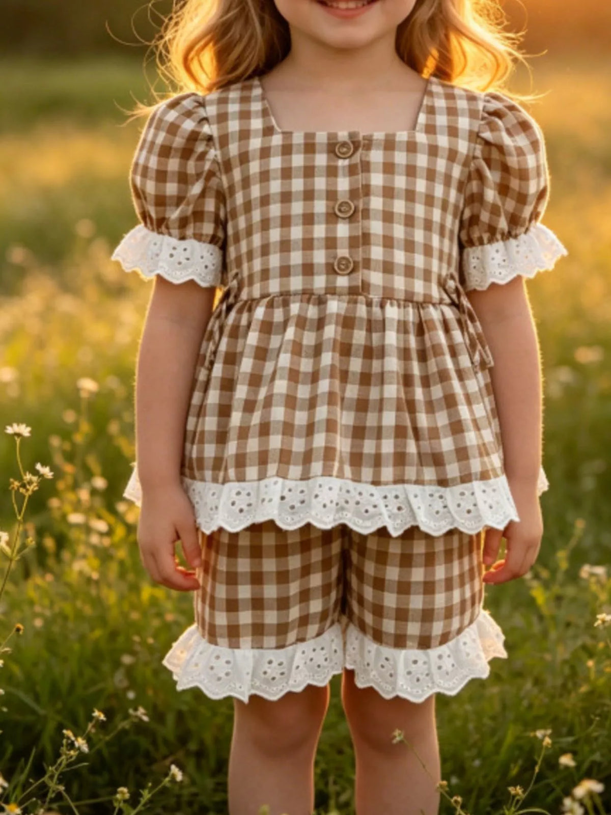 Children's Gingham Ruffle Trim Top and Shorts Set