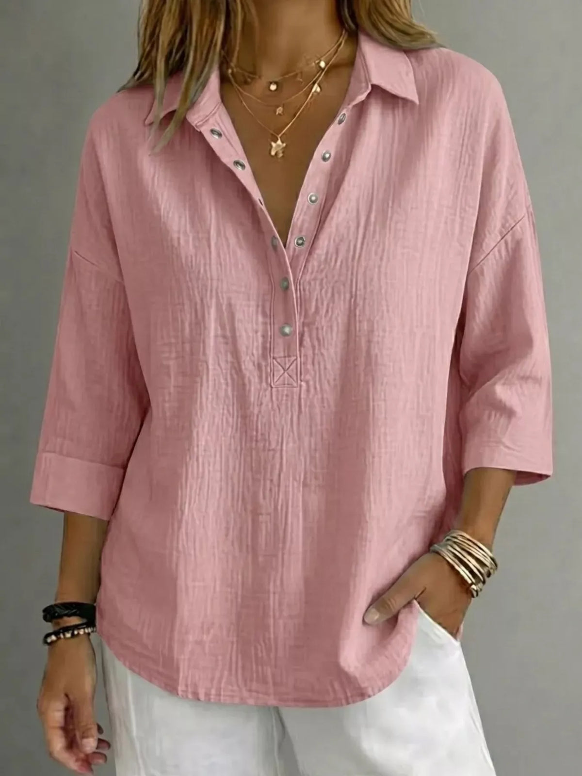 Full Size Snap Down 3/4 Sleeves Blouse Plus Size