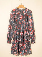 Frilly Smocked Bodice Floral Mesh Long Sleeve Mini Dress
