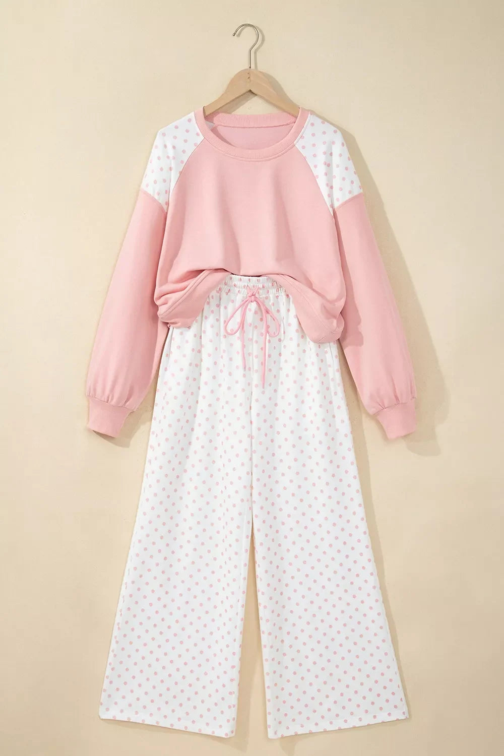 Polka Dot Cropped Sweatshirt and Wide-Leg Pants Set