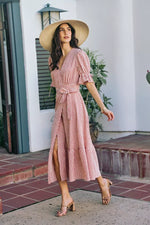 SO ME Stripe Textured Short Sleeves Lined Wrap Midi Dres