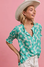 BiBi Flower Printed Woven Smocking Sleeves V Neck Top