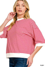 Zenana Striped Contrast Trim Banded Bottom Top
