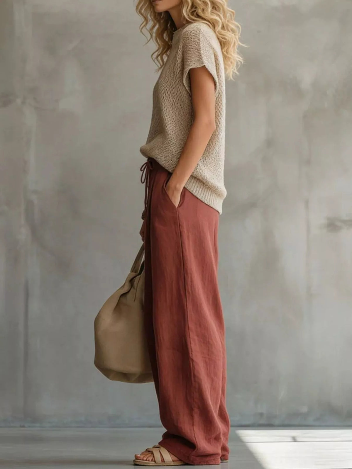 Openwork Knit Top and Wide-Leg Pant Set