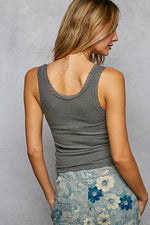 POL Lace Trim Tank with Front Button Closure