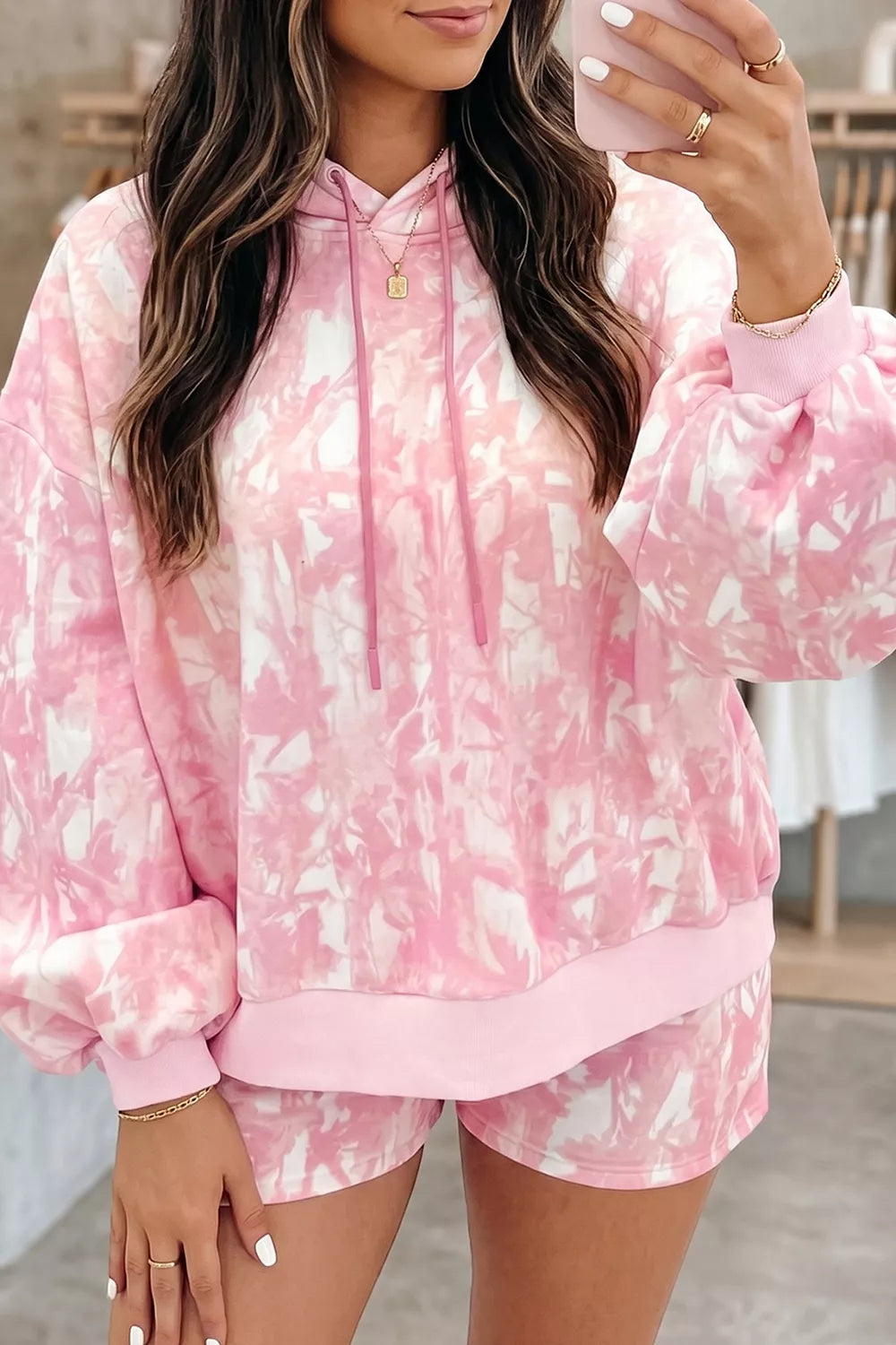 Abstract Print Loose Hoodie Slim Shorts 2pcs Set