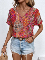 Bohemian Paisley Print V-Neck Short Sleeve T-Shirt
