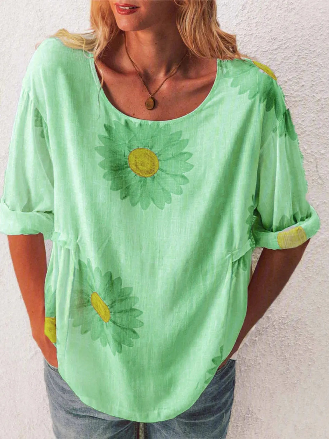 Full Size Flower Round Neck Half Sleeve T-Shirt Plus Size