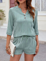 Textured Notched Top and Drawstring Shorts Set