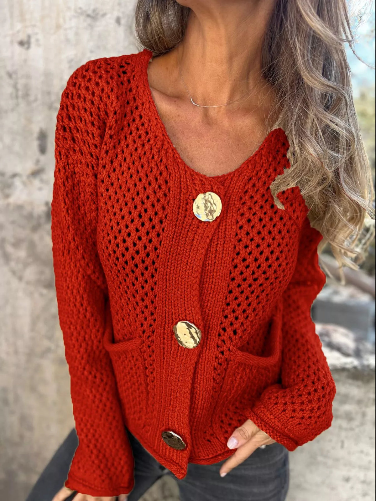 Crochet Button Up Long Sleeve Cardigan