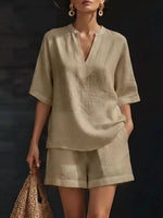 Full Size Notched Half Sleeve Top and Shorts Set Plus Size