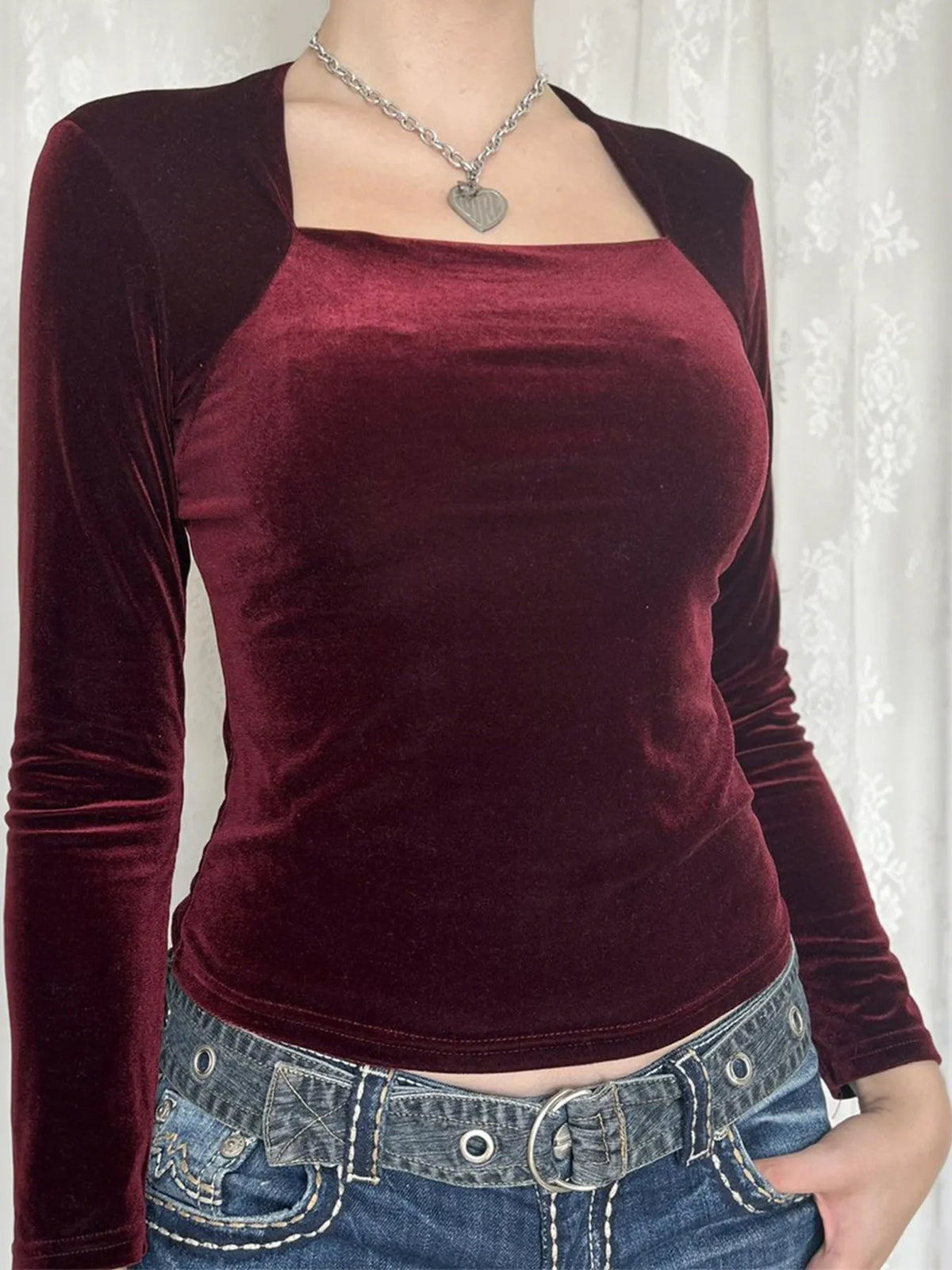Velvet Long Sleeve Square Neck T-Shirt