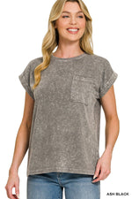 Zenana Halo Snow Washed Cuffed Short Sleeve Tee