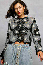 POL Floral Weave Pattern Crochet Cropped Top with Beads Detail
