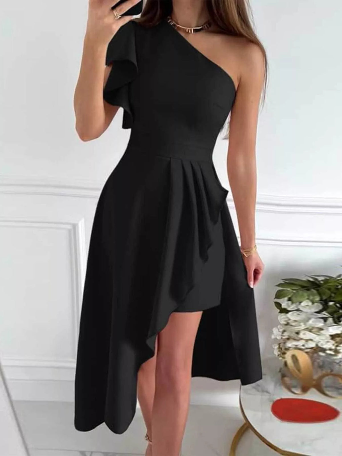 One-Shoulder Ruffle High-Low Dress