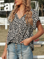 Multicolor V-neck Short Sleeve Leopard Blouse