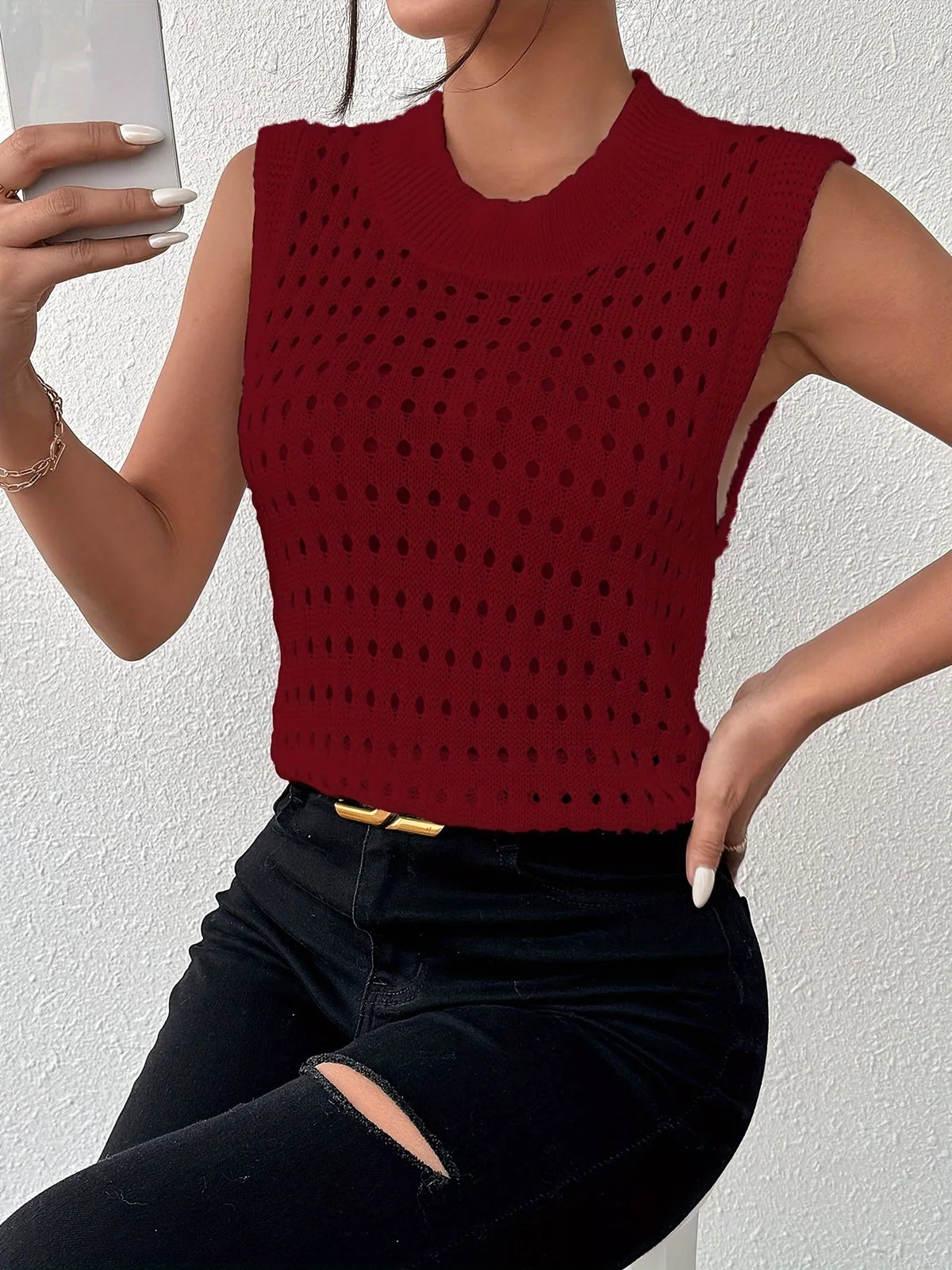 Hollow Out Round Neck Knit Tank