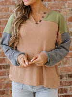 Color Block Thermal Textured Knit Drop Shoulder Henley Top