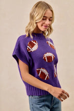 BiBi Gameday Sequin Football Patches Rib Banded Sweater