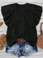 Polka Dot Notched Ruffled Cap Sleeve Blouse