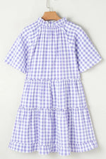 Plaid Tie Neck Short Sleeve Babydoll Mini Dress