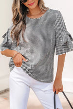 Gingham Bow Half Sleeve Blouse