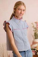 SO ME Stripe Twill Stitch Ruffled Hidden Button Vest Top