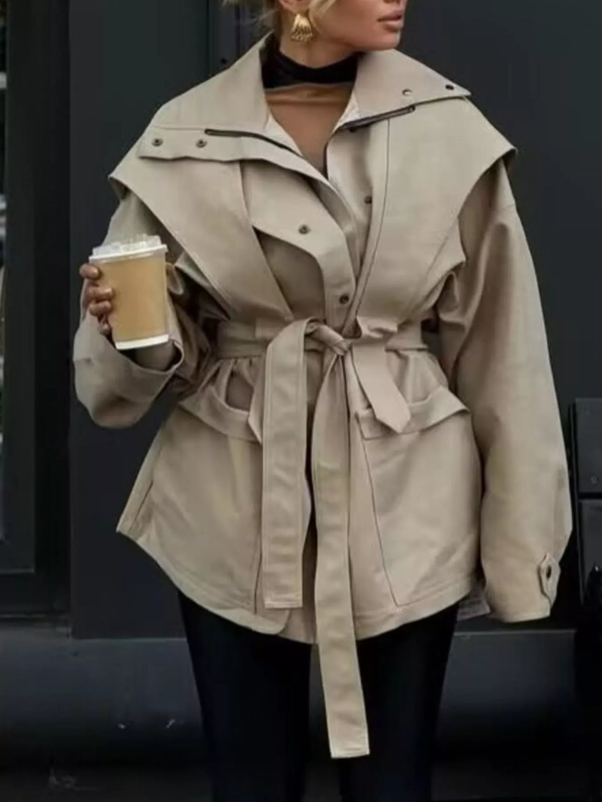 Tie Waist Snap Down Trench Coat