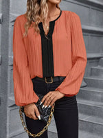 Contrast Notched Long Sleeve Blouse