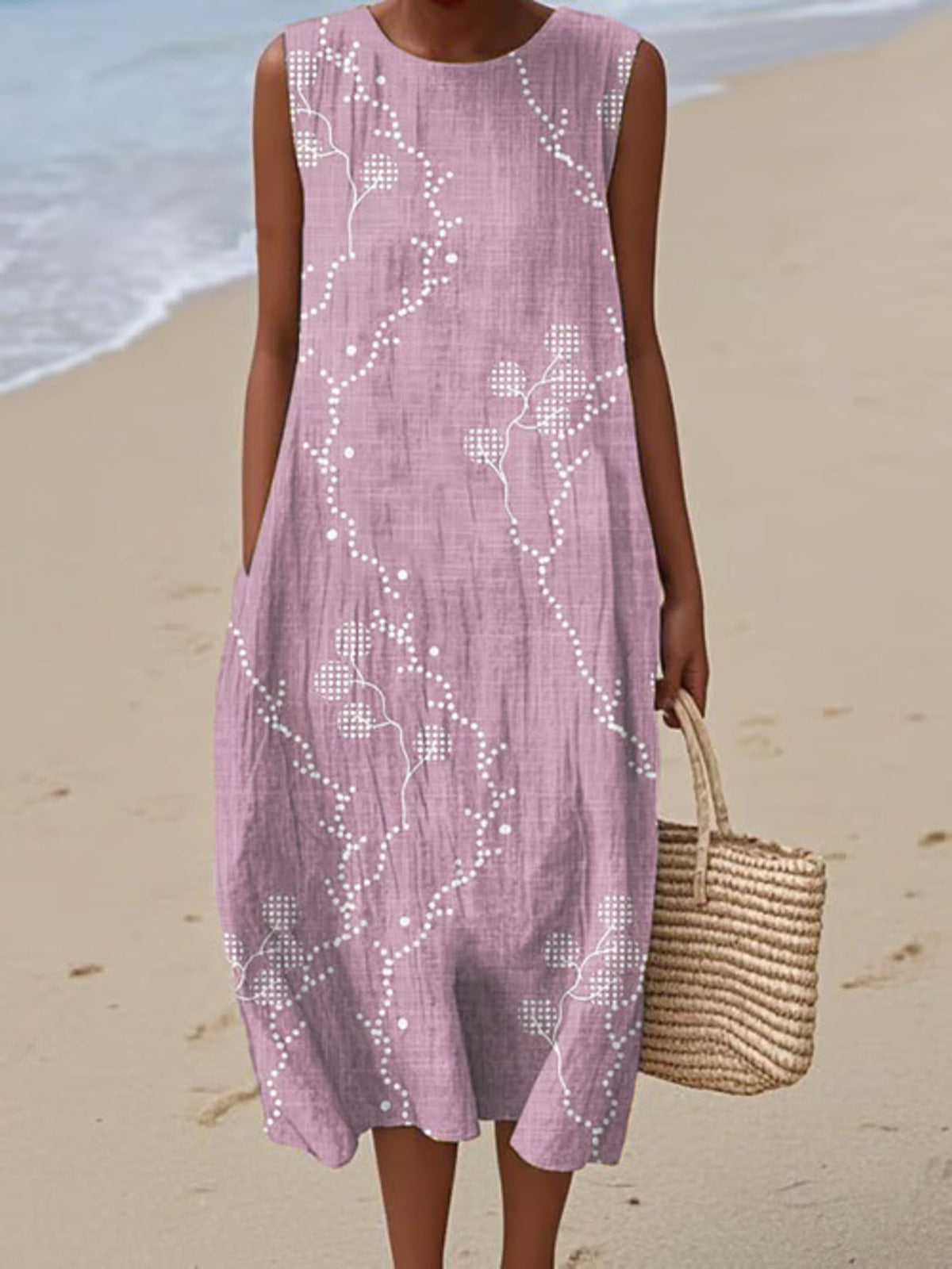 Full Size Round Neck Sleeveless Casual Midi Dress Plus Size